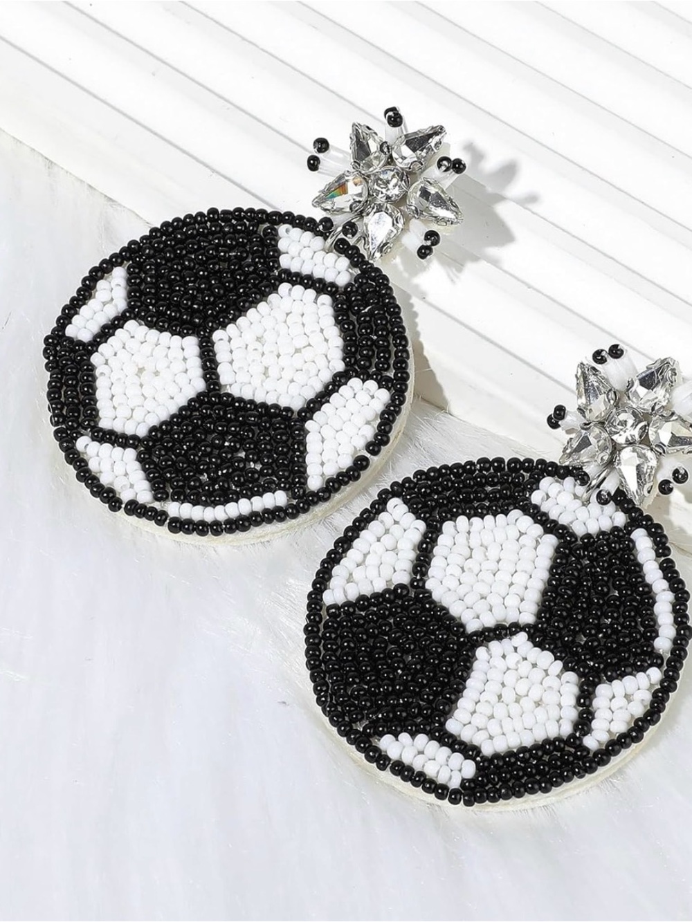 Black and White Beaded Soccer Ball Drop Earrings - Unbranded - Picture 2 of 4
